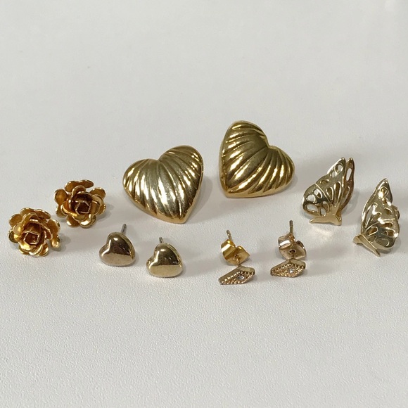 Vintage Cute Gold Stud Earring Lot 5 Puffy Heart Avon Butterfly 3D Rose 80s 90s - Picture 1 of 12